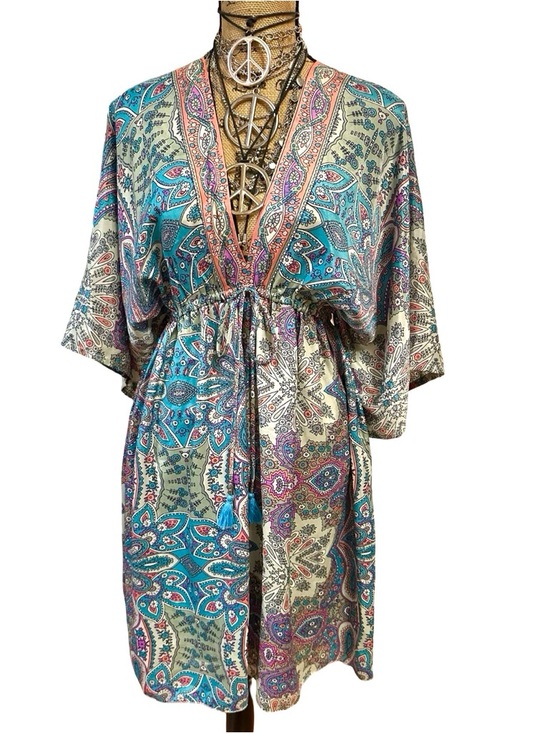 Dresses & Skirts - Festival Boho Paisley SHORT KIMONO STYLE DRESS - Teal Multi - OS - 70% SILK